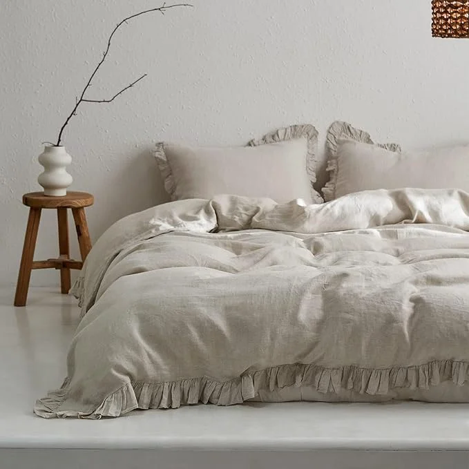 Exclusive Simple amp Opulence Linen Duvet Cover Set 3 PCS Natural French Flax Ruffle Duvet Cover Full Size Breathable Comfy Linen Bedding Comforter Cover with 2 Pillowcases Natural Linen 78 quot X 86 quot Easy-to-Use