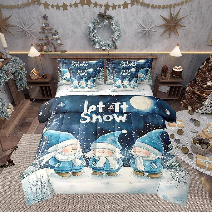 Quality Castle Fairy Winter Night Comforter Set Bed in a Bag 7 Pieces Full Cute Gnome Retro Blue Tie Dye Bedding Set Merry Christmas Theme Comforter Fitted Flat Sheet 2 Pillowcases 2 Throw Pillow Covers Next-Generation