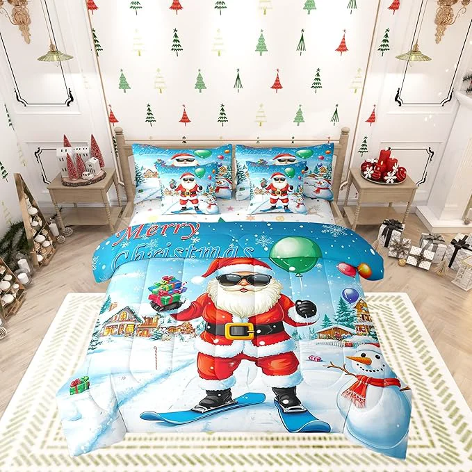 Trusted Castle Fairy Skiing Santa 7 Pieces Bedding Set King Bed in a Bag Merry Christmas House Gifts Snowman Comforter Set Farmhouse New Year Decor Soft Warm Microfiber Bedding Elegant