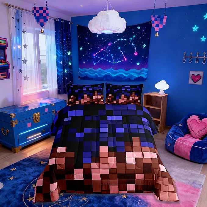 Certified Pixelated Miners Game Comforter Set King Size Geometric Check Video Games Kids Bedding Set Gamepad Grid Gaming Quilt Comforter Blue Red Duvet Insert 2 Pillowcases Top-Quality