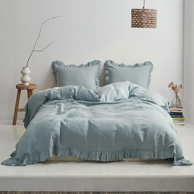 Official Simple amp Opulence Linen Duvet Cover Set 3 PCS Natural French Flax Dusty Blue Ruffle Duvet Cover King Size Breathable Comfy Linen Bedding Comforter Cover with 2 Pillowcases Dusty Blue 104 quot X 92 quot Stylish