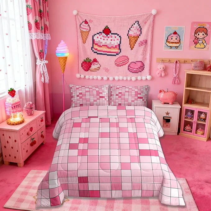 Carefully Designed Pixelated Blocks Miners Comforter Set King Size Video Games Game Gamepad Kids Bedding Set Geometric Grid Patchwork Quilt Comforter Pink Duvet Insert 2 Pillowcases Proven