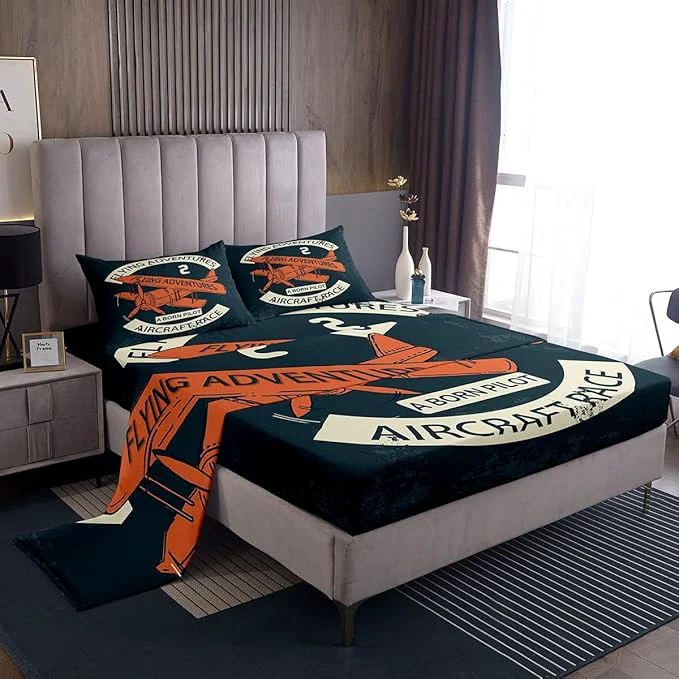 Long-Lasting Castle Fairy Retro Aircraft Bed Sheet Set Twin Size Vintage Airplane Orange Painting Sheet Set Kids Teens Flying Adventure Helicopter Bedding Decor Set with 1 Flat amp 1 Fitted Sheet with 1 Pillow Sham World-Class