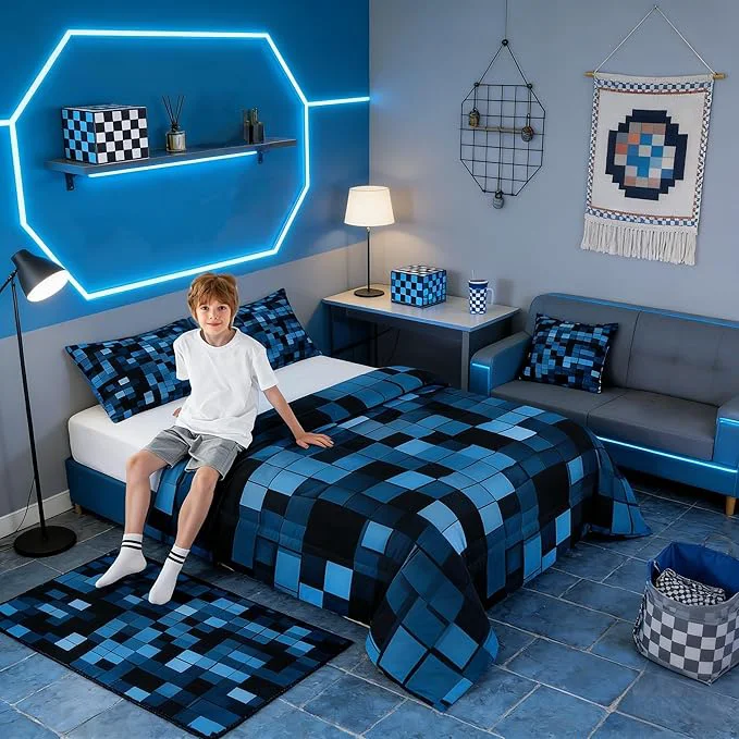 User-Friendly Pixelated Blocks Kids Bedding Set Queen Size Patchwork Square Video Games Comforter Set，Geometric Patchwork Grid Quilt Comforter Blue Bedroom Duvet Insert 2 Pillowcases Clean