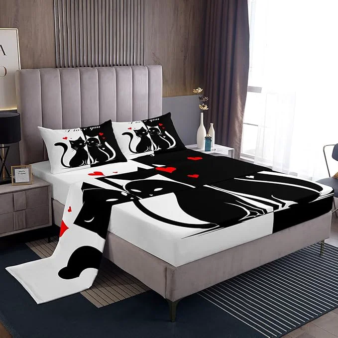 High-Performance Cats Lovers Bed Sheet Queen Set Cute Cat Valentine 39 s Day Sheets Sets Boys Girls Bedroom Decor Black and White Couples Bedding Set with Flat Fitted Sheet 2 Pillow Cases Long-Lasting