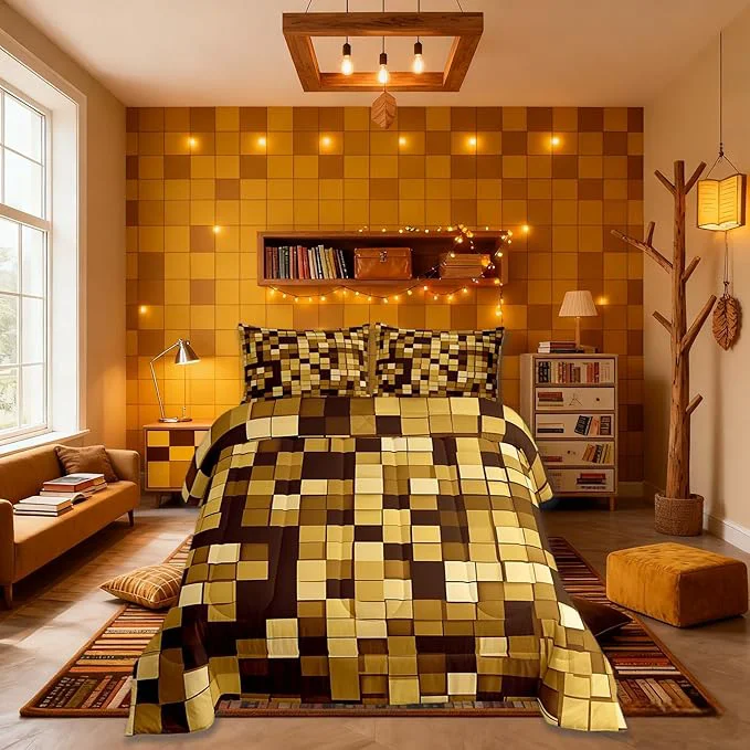 Superior Pixelated Miners Game Kids Comforter Set Twin Size Geometric Check Video Games Bedding Set Boys Room Decor Gamepad Grid Modern Quilt Comforter Dark Yellow Duvet Set Bedroom Quilt Set 1 Pillowcase Exceptional