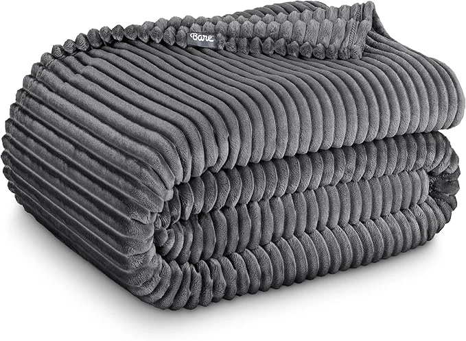 Clean Bare Home Textured Fleece Blanket – Full Queen – Ultra-Soft Lightweight for Bed Sofa and Couch – Luxury Microplush – Cozy Warm Blanket Full Queen Ribbed Grey Excellent