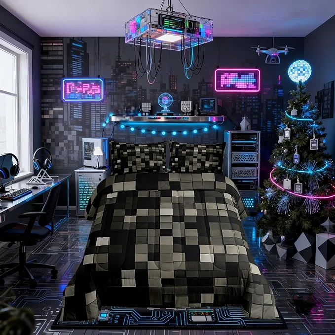 Superior Manfei Pixelated Kids Comforter Set Twin Size Patchwork Grid Video Games Bedding Set Boys Girls Room Decor Lattice Abstract Simple Quilt Comforter Dark Gray Duvet Set Bedroom Quilt Set 1 Pillowcase Smart