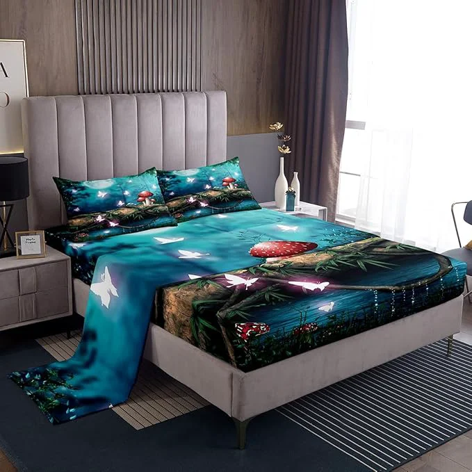 Responsible Red Mushroom Sheet Set King Size Moon Night Sky Jungle Bedding 1 Fitted Sheet 1 Flat Sheet 2 Pillowcases al Butterfly Cartoon Plant Sheet Soft Comfortable – 4 Piece Breathable