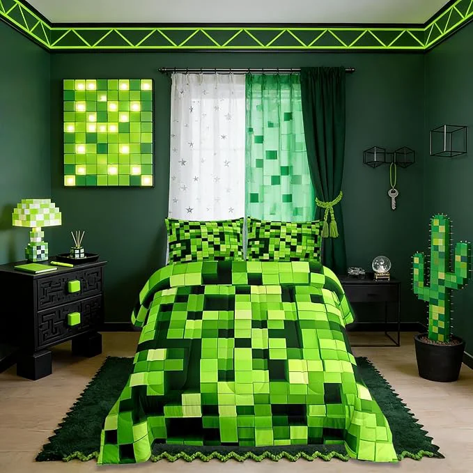 Advanced Pixelated Miners Game Comforter Set King Size Video Games Gamepad Gaming Kids Bedding Set Geometric Square Quilt Comforter Light Green Duvet Insert 2 Pillowcases Flexible