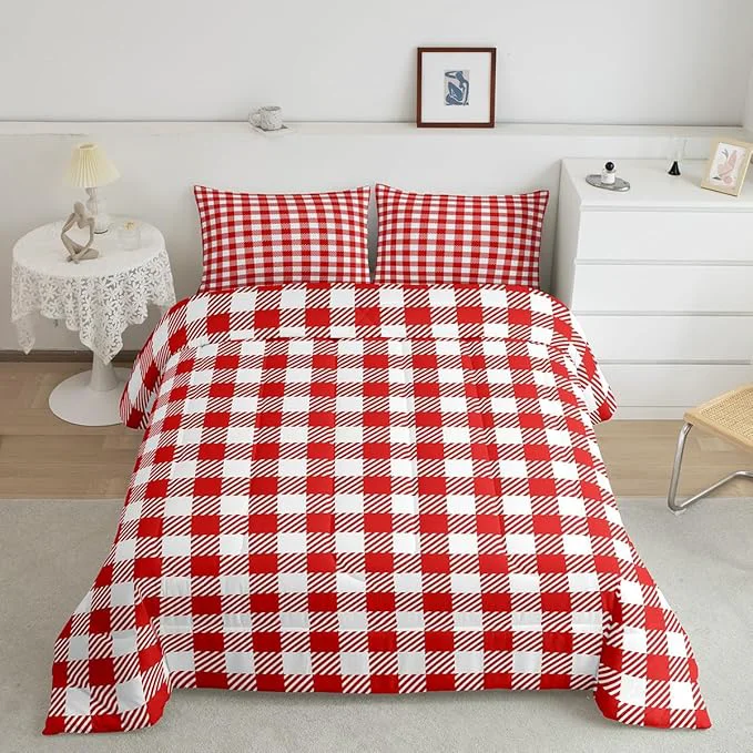 Functional Manfei Red Plaid Bedding Set King Size Buffalo Check Plaid Comforter Classic Gingham Pattern Comforter Set Red White Grid Duvet Set 3Pcs Quilt Set 1 Comforter Set with 2 Pillowcase Contemporary