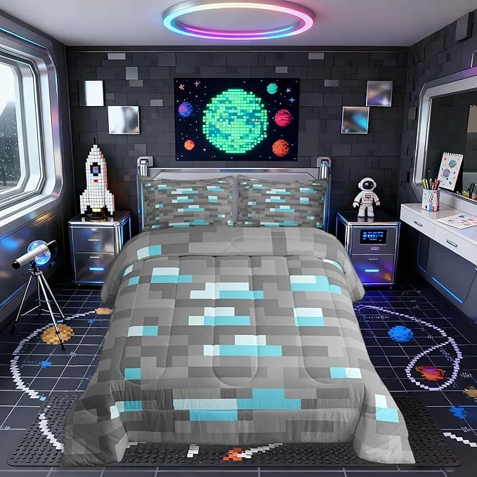 Prestigious Pixelated Blocks Miners Kids Bedding Set Queen Size Video Games Game Gamepad Comforter Set Geometric Grid Patchwork Quilt Comforter Gray Blue Bedroom Duvet Insert 2 Pillowcases Unique