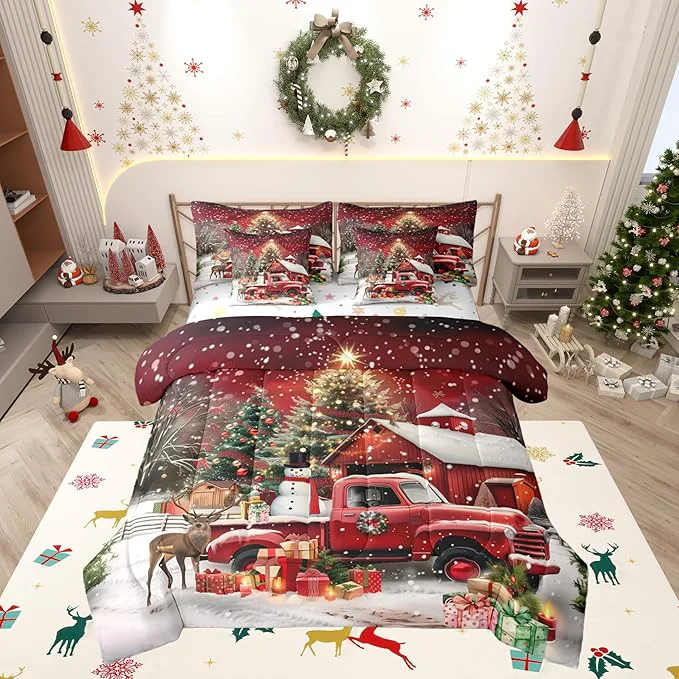 Excellent Merry Christmas Comforter Set 7 PCS Luxury Christmas Trees and Gifts Bed Set for Girls Kids Red Barn Truck Bed in a Bag Bedding Set with Comforter Sheet Set Pillowcases Pillow Covers Full Durable