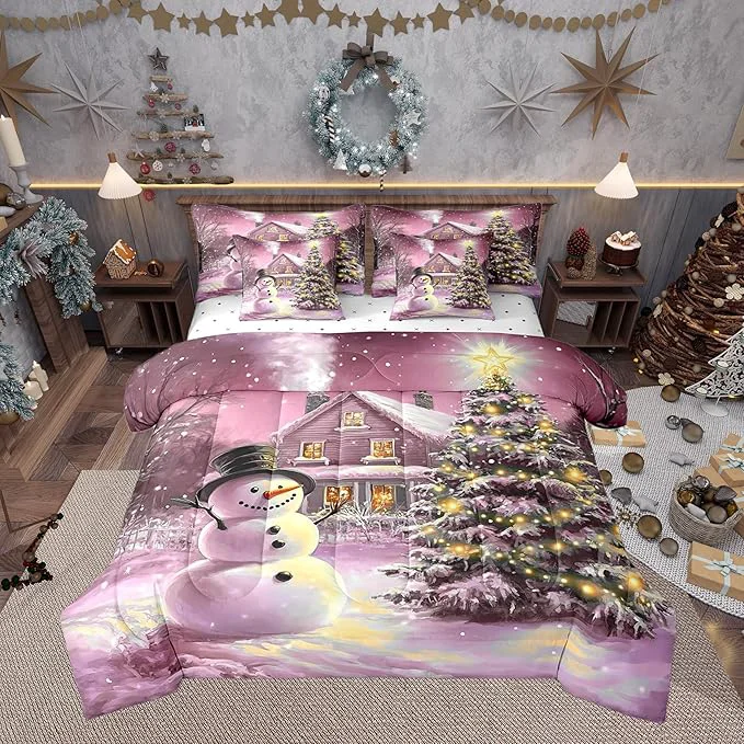 Official Castle Fairy Cute Xmas Snowman 7 Pieces Bedding Set Queen Bed in a Bag Rustic Farmhouse Cabin Outdoor Christmas Tree Comforter Set Happy New Year Soft Warm Microfiber Bedding Stylish