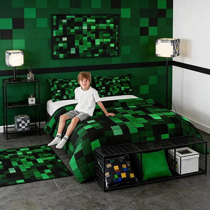 Healthy Pixelated Miners Game Kids Bedding Set Queen Size Geometric Check Video Games Comforter Set，Gamepad Camo Grid Quilt Comforter Black Green Bedroom Duvet Insert 2 Pillowcases Reusable