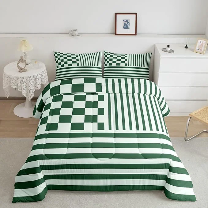 Healthy Green Plaid Comforter Set Fashion Buffalo Check Bedding Set Green Stripes Geometric Bedding Home Decor Modern Simple Style Comforter Twin Size Quilted Duvet Set 1 Comforter with 1 Pillowcase Traditional