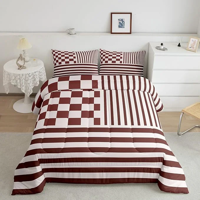 Brown Check Comforter Set Fashion Buffalo Plaid Bedding Set Modern Simple Style Bedding Home Decor Brown Stripes Geometric Comforter Twin Size Quilted Duvet Set 1 Comforter with 1 Pillowcase Fashionable
