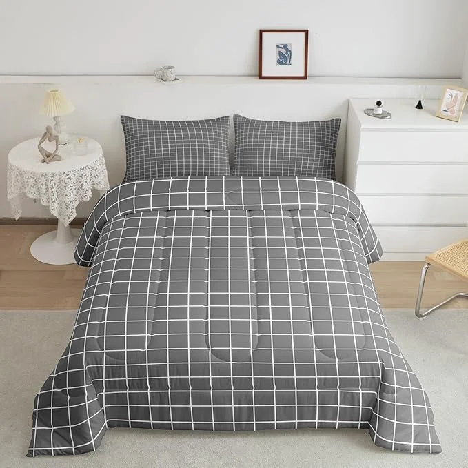 Comfortable Grey Plaid Comforter Set Buffalo Check Plaid Bedding Set Classic Gingham Pattern Bedding Home Decor Modern Simple Style Comforter Full Size Quilted Duvet Set 1 Comforter with 2 Pillowcase Prestigious