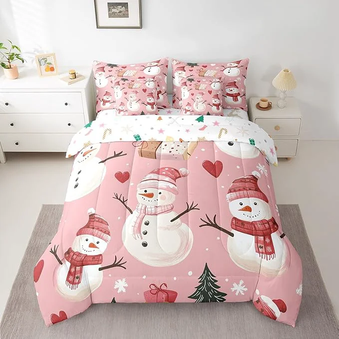 First-Class Cute Snowman Queen Comforter Set with Sheets Bed in a Bag 7 Pcs Christmas Trees Gifts Red Hearts Winter Snow Bedding Sets Flat Fitted Sheet Pillowcases Pillow Covers Consistent
