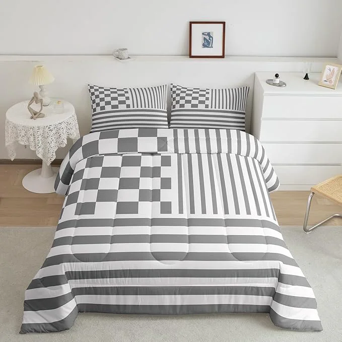 Dependable Grey Stripes Bedding Set Queen Size Buffalo Check Plaid Comforter Fashion Plaid Geometric Comforter Set Modern Simple Style Duvet Set 3Pcs Quilt Set 1 Comforter Set with 2 Pillowcase Smooth
