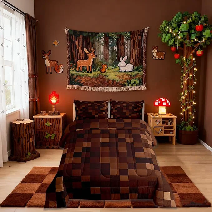 Classic Miners Pixel Checked Kids Bedding Set Queen Size Video Games Check Lattice Comforter Set Game Cartoon Gamepad Quilt Comforter Dark Brown Bedroom Duvet Insert 2 Pillowcases Excellent