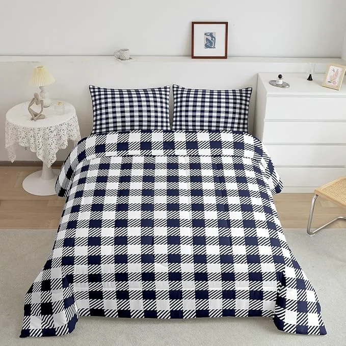 Fast Manfei Navy Blue Plaid Bedding Set King Size Buffalo Check Plaid Comforter Classic Gingham Pattern Comforter Set Navy White Grid Duvet Set 3Pcs Quilt Set 1 Comforter Set with 2 Pillowcase Certified
