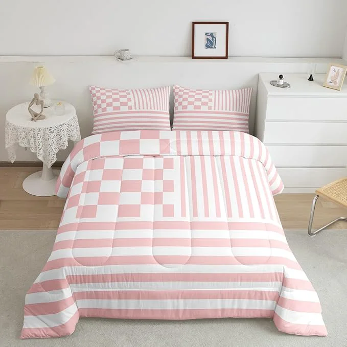 High-Quality Pink Check Comforter Set Fashion Buffalo Plaid Bedding Set Modern Simple Style Bedding Home Decor Pink Stripes Geometric Comforter Full Size Quilted Duvet Set 1 Comforter with 2 Pillowcase Reliable
