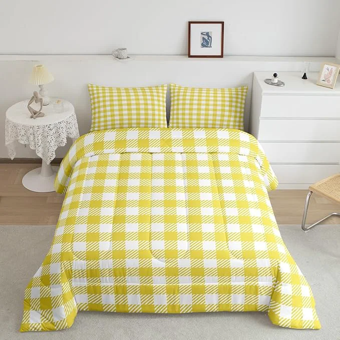 Prestigious Manfei Yellow Plaid Comforter Set Buffalo Check Plaid Bedding Set Classic Gingham Pattern Bedding Home Decor Yellow White Scottish Comforter Twin Size Quilted Duvet Set 1 Comforter with 1 Pillowcase Official