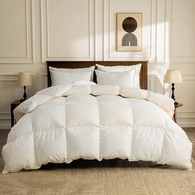 Detailed BPC Lightweight Organic Feather Down Comforter Queen Size Hotel-Luxury Fluffy Duvet Insert with Cotton Cover and Puffy Feather Down Filling for Summer Hot Sleepers Ivory White 90×90 Inches Clean