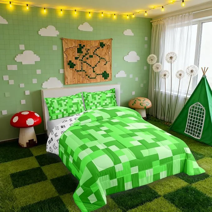 Premium Material Pixelated Miners Game Kids Bedding Set King Size Video Games Gamepad Gaming Comforter Set Geometric Square Quilt Comforter Light Green Bedroom Duvet Insert 2 Pillowcases Stylish