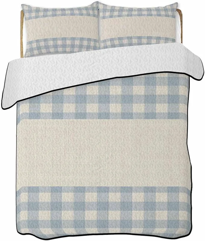 Environmentally Friendly Full Size Quilt Bedding Set Retro Blue Lightweight Summer Quilt 3 Pieces Bedding Sets Farmhouse Buffalo Plaid Vintage Beige Reversible Soft Bedspreads Coverlets with 2 Pillow Shams for All Season Top-Quality