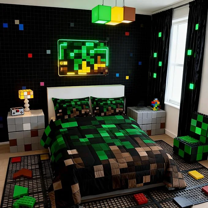Traditional Miners Pixel Checked Comforter Set Full Size Video Games Check Lattice Kids Bedding Set Game Cartoon Gamepad Quilt Comforter Green Brown Duvet Insert 2 Pillowcases Expertly Made