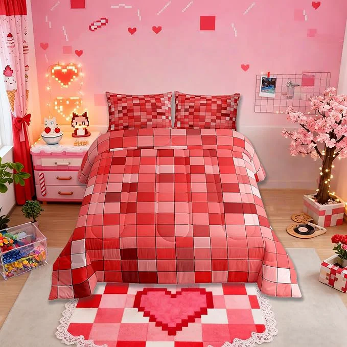 Crafted Manfei Pixelated Kids Comforter Set Twin Size Patchwork Grid Video Games Bedding Set Boys Girls Room Decor Miners Lattice Simple Quilt Comforter Red Duvet Set Bedroom Quilt Set 1 Pillowcase Trusted