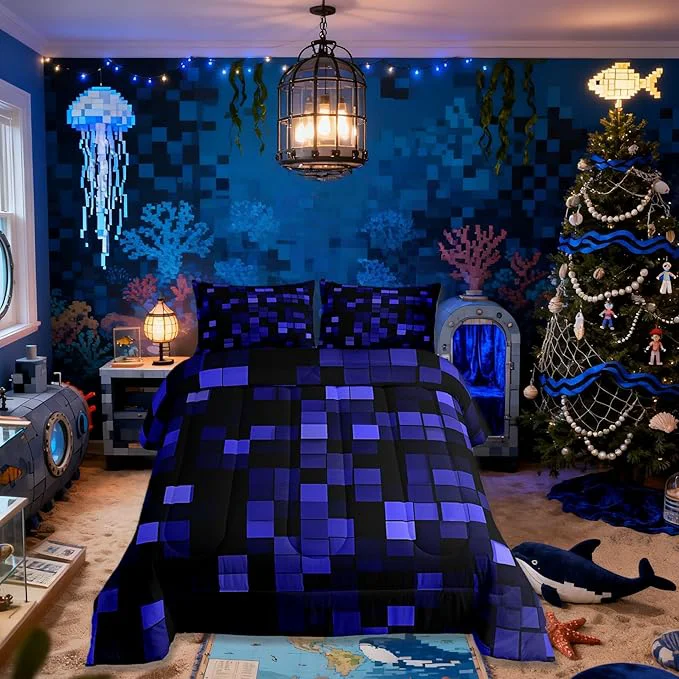 Safe Pixelated Miners Game Kids Bedding Set King Size Video Games Cartoon Gamepad Comforter Set，Modern Geometric Check Quilt Comforter Dark Blue Bedroom Duvet Insert 2 Pillowcases Selected