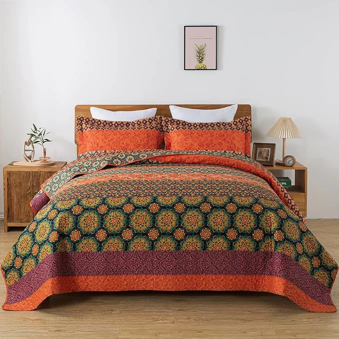 Reliable HoneiLife Quilt Sets King Size – 3 Pieces Microfiber Quilt Lightweight Bedspreads Wildflower Coverlets Retro Bed Cover King Quilt Bedding Set All Season Quilts-Pumpkin Green