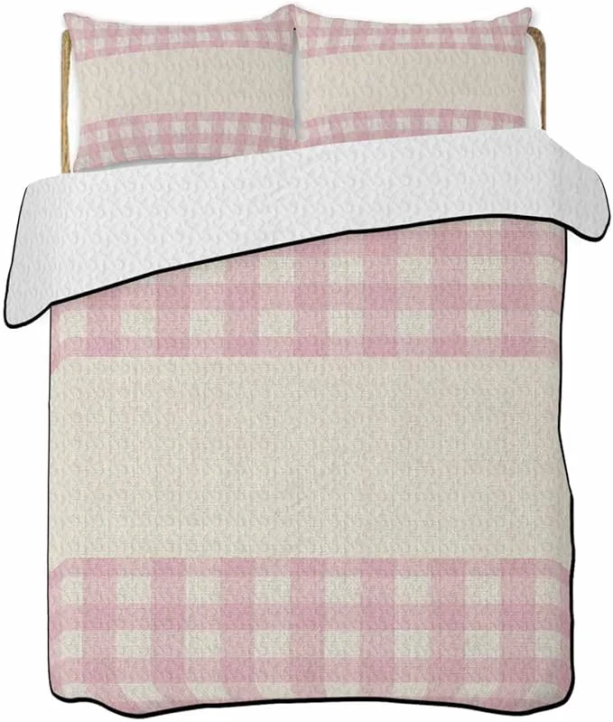 Detailed Quilt King Size Bedding Set Retro Pink Lightweight Summer Quilt 3 Pieces Bedding Sets Farmhouse Buffalo Plaid Vintage Beige Reversible Soft Bedspreads Coverlets with 2 Pillow Shams for All Season Durable