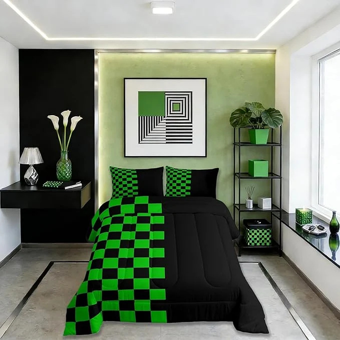 Specialty Geometric Plaid Kids Comforter Set Full Size Patchwork Grid Video Games Bedding Set Boys Room Decor Simple Lattice Abstract Quilt Comforter Black amp Green Duvet Set Bedroom Quilt Set 2 Pillowcases Premium