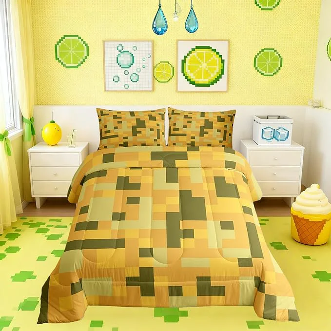 High-Grade Pixelated Blocks Miners Kids Comforter Set Full Size Video Games Cartoon Gamepad Bedding Set Boys Room Decor Army Camouflage Game Quilt Comforter Yellow Green Duvet Set Bedroom Quilt Set 2 Pillowcases Modern