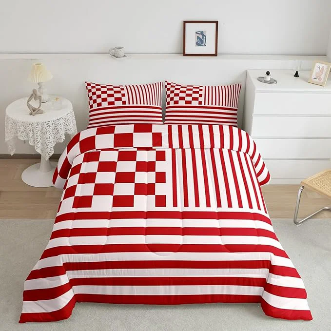 Solid Red Stripes Comforter Set Buffalo Check Plaid Bedding Set Fashion Plaid Geometric Bedding Home Decor Modern Simple Style Comforter Twin Size Quilted Duvet Set 1 Comforter with 1 Pillowcase Traditional