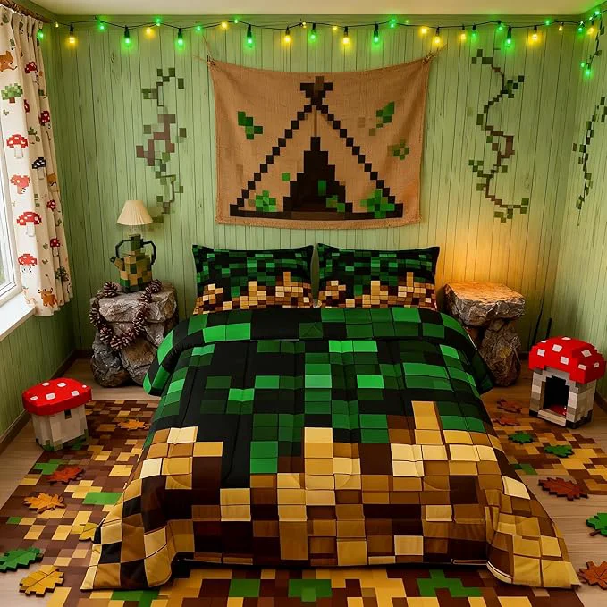 Premium Pixelated Miners Blocks Comforter Set King Size Patchwork Square Video Games Kids Bedding Set Geometric Patchwork Grid Quilt Comforter Green Yellow Duvet Insert 2 Pillowcases User-Friendly