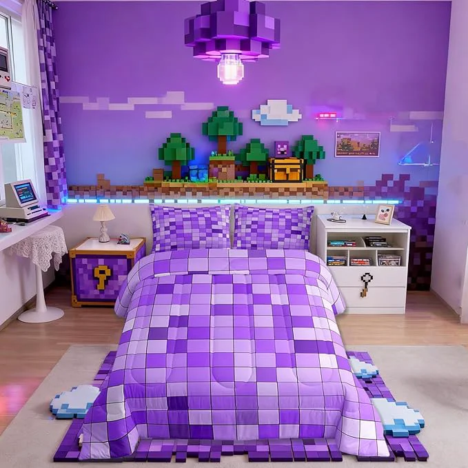 Traditional Pixelated Blocks Miners Kids Bedding Set King Size Video Games Game Gamepad Comforter Set Geometric Grid Patchwork Quilt Comforter Purple Bedroom Duvet Insert 2 Pillowcases Soft