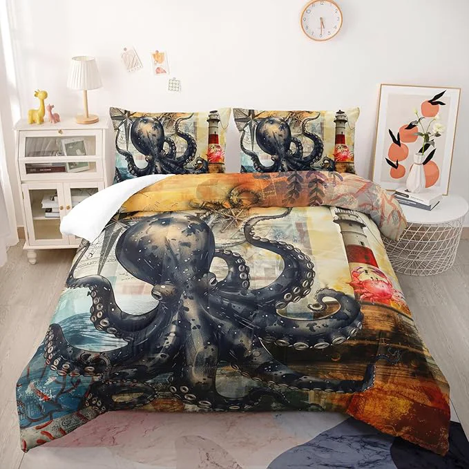 Sustainable Octopus Comforter Set Queen Port Lighthouse Bedding Sets 3PCS for Kids Teen Adult Ocean Room Decor Ultra-Soft Lightweight Microfiber 1 Comforter with 2 Pillowcases Advanced