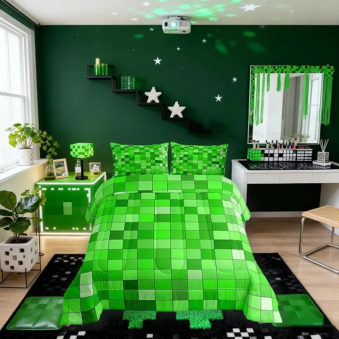 Original Design Manfei Geometric Grid Kids Comforter Set Full Size Patchwork Square Video Games Bedding Set Boys Room Decor Gradient Gaming Quilt Comforter Green Duvet Set Bedroom Quilt Set 2 Pillowcases Innovative