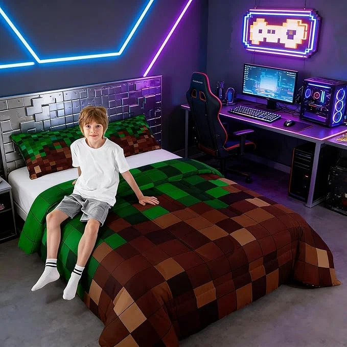 Expertly Made Manfei Pixelated Kids Comforter Set Queen Size Patchwork Grid Video Games Bedding Set Girls Boys Room Decor Miners Lattice Quilt Comforter Dark Green Brown Duvet Set Bedroom Quilt Set 2 Pillowcases Artisan