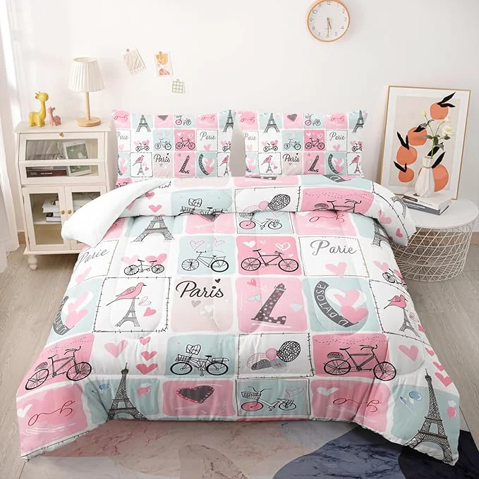 Healthy Pink Eiffel Tower Comforter Set Queen Paris Theme Bedding Sets 3PCS for Kids Teen Adult Girl Room Decor Ultra-Soft Lightweight Microfiber 1 Comforter with 2 Pillowcases Comfortable