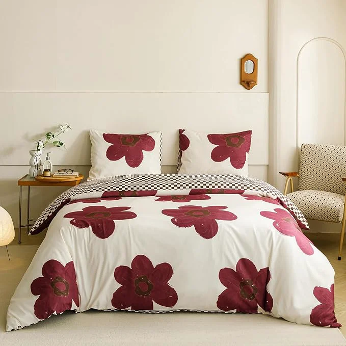 Detailed KAREVER Burgundy Floral Comforter Twin White with Burgundy Flower Bedding Set 3 PCs Comforter Set Twin Size Comforter 68×90 Inches with 2 Pillowcases 26×26 inches Smooth