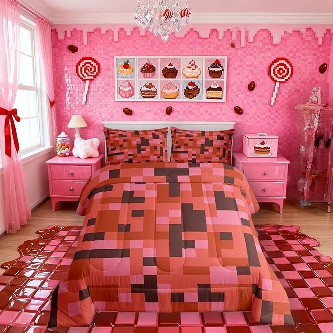 Practical Manfei Pixelated Miners Game Bedding Set Twin Size Camo Geometric Check Comforter Set，Reversible Gamepad Video Games Quilt Comforter Boys Teens Red Brown Room Decor All Season 1 Pillowcase High-Grade