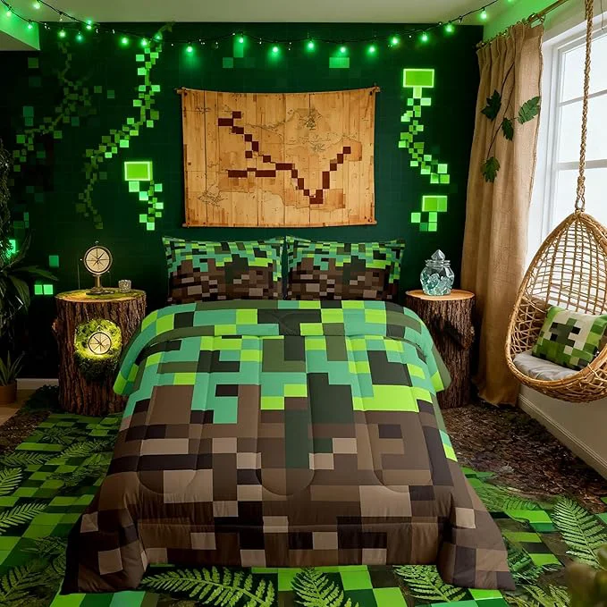 Premium Miners Pixel Checked Comforter Set King Size Video Games Check Lattice Kids Bedding Set Game Cartoon Gamepad Quilt Comforter Green Brown Duvet Insert 2 Pillowcases Enhanced