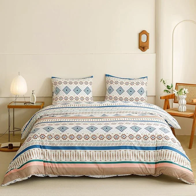 Luxury KAREVER Boho Comforter Cal King Aztec Bedding Set Southwest Theme 3 PCs Bohemian Comforter Set Blue White California King Size Comforter 104×96 Inches with 2 Pillowcases 26×36 inches Secure