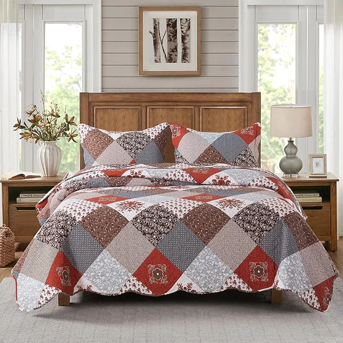 Clean HoneiLife Quilt Set Queen Size – 3 Piece Microfiber Bedspread Reversible Coverlet Patchwork Bedding Set Lightweight Bedcover Floral Bedspreads All Season Quilts-Amaranth Red Flexible